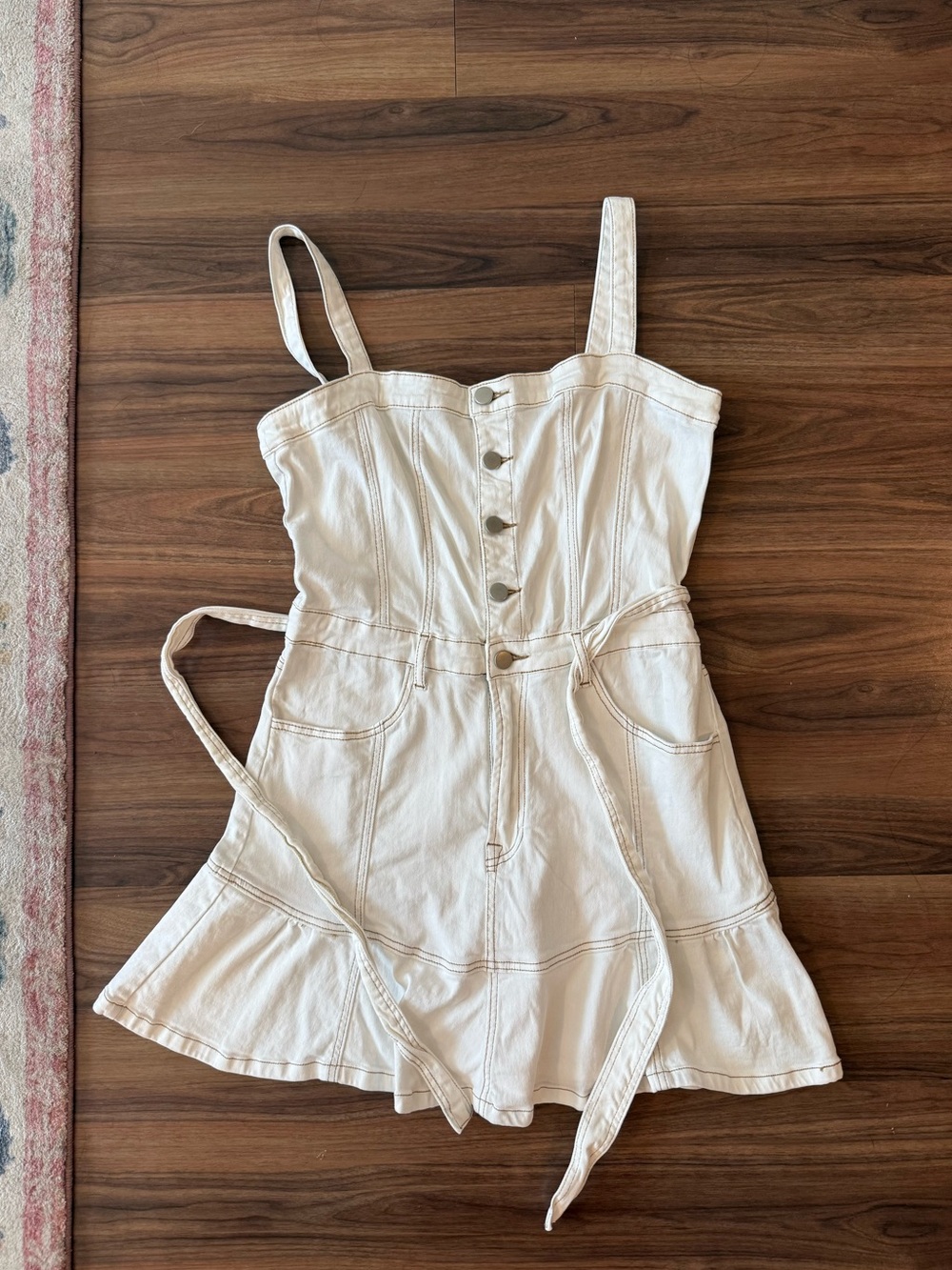 White Denim Button-Front Mini Dress with Tie Waist